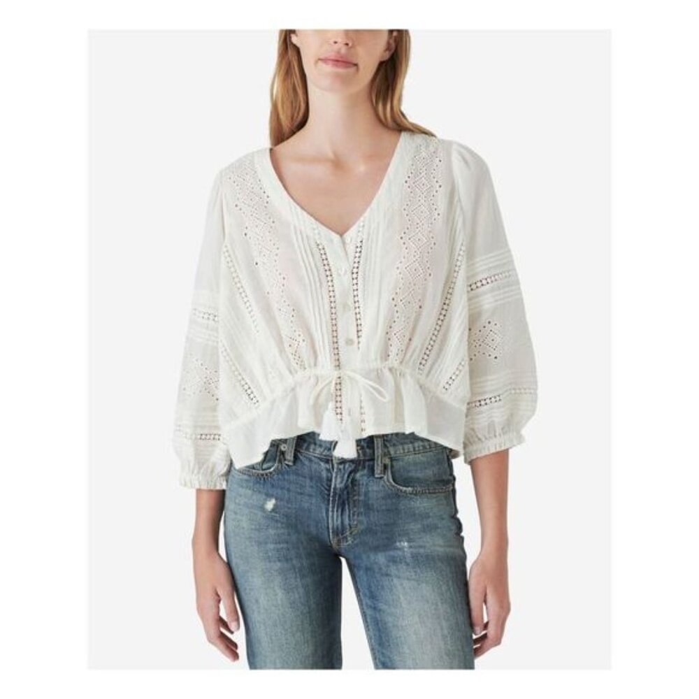 Lucky‎ Brand White Eyelet Button Down Blouse Drawstring Waist Boho Cottage L B18